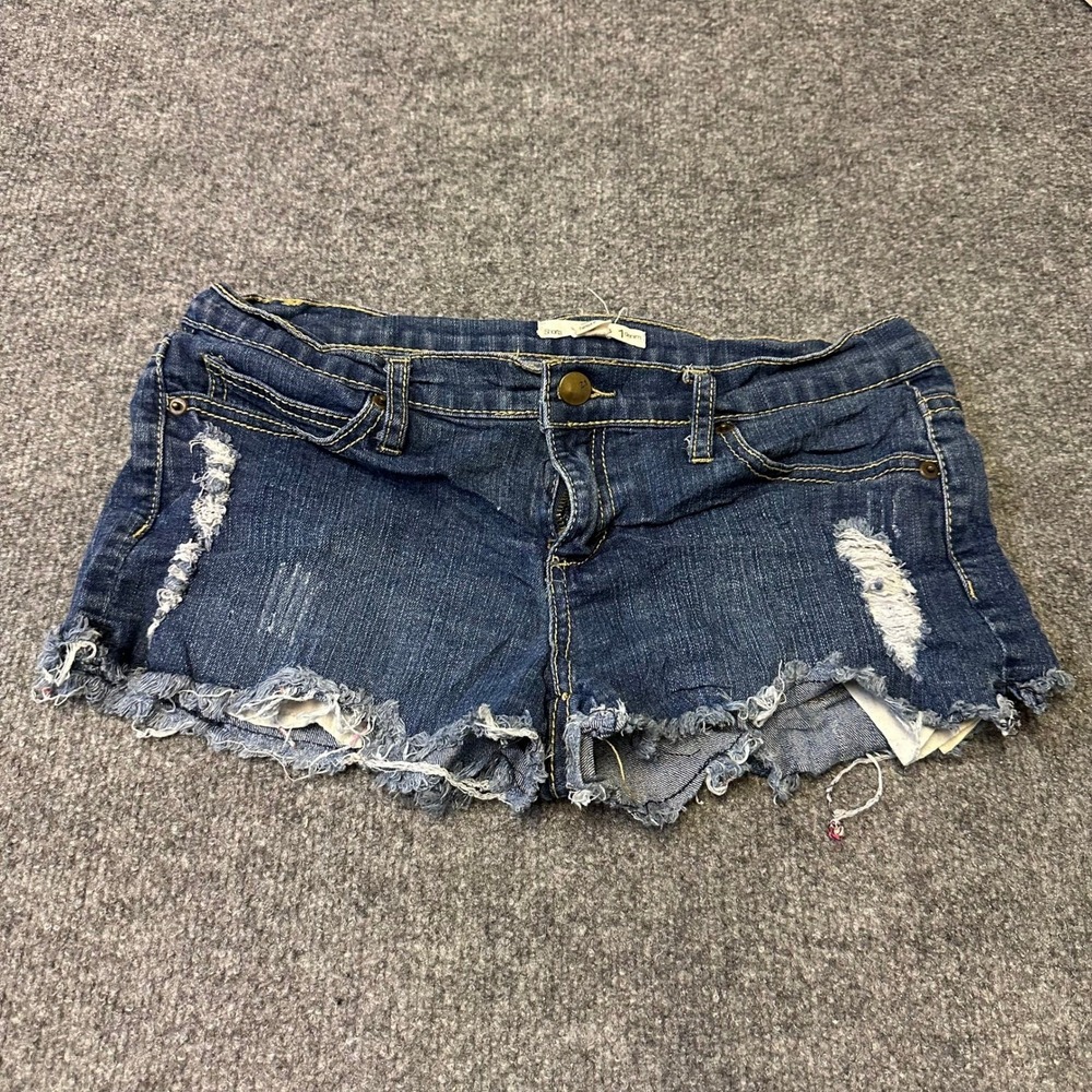 Forever 21 Denim Shorts Womens Size 27 Blue Distressed Frayed Hem Low Rise Mini